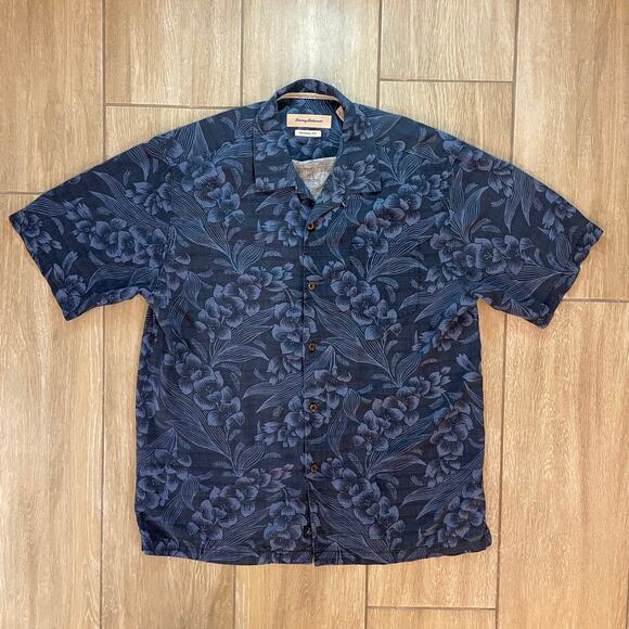Tommy Bahama Silk Hawaiian Shirt L Blue Floral Camp Aloha Short Sleeve Original - Picture 1 of 9